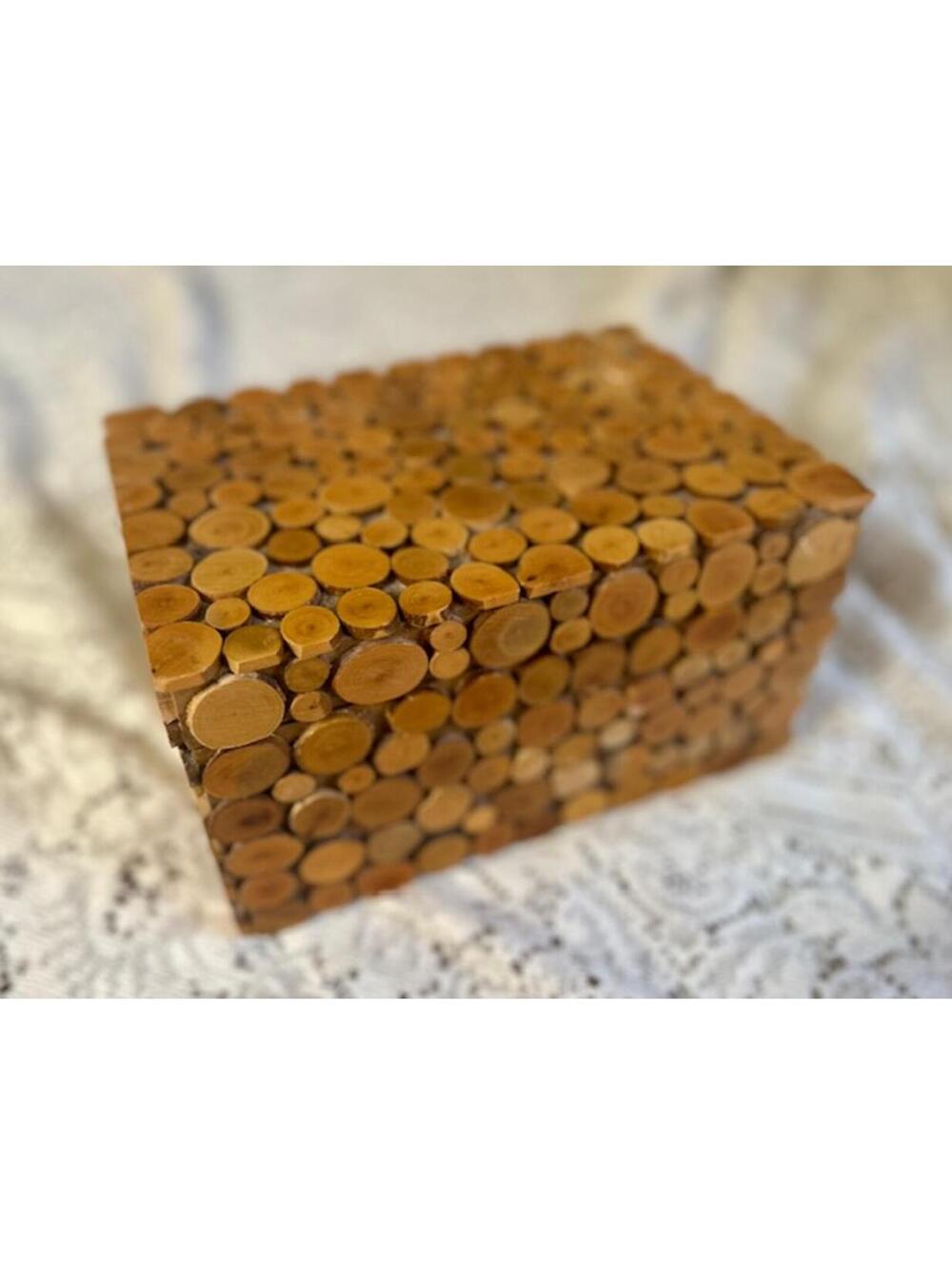Decorative Wooden Box with Circular Wood Slice Design
